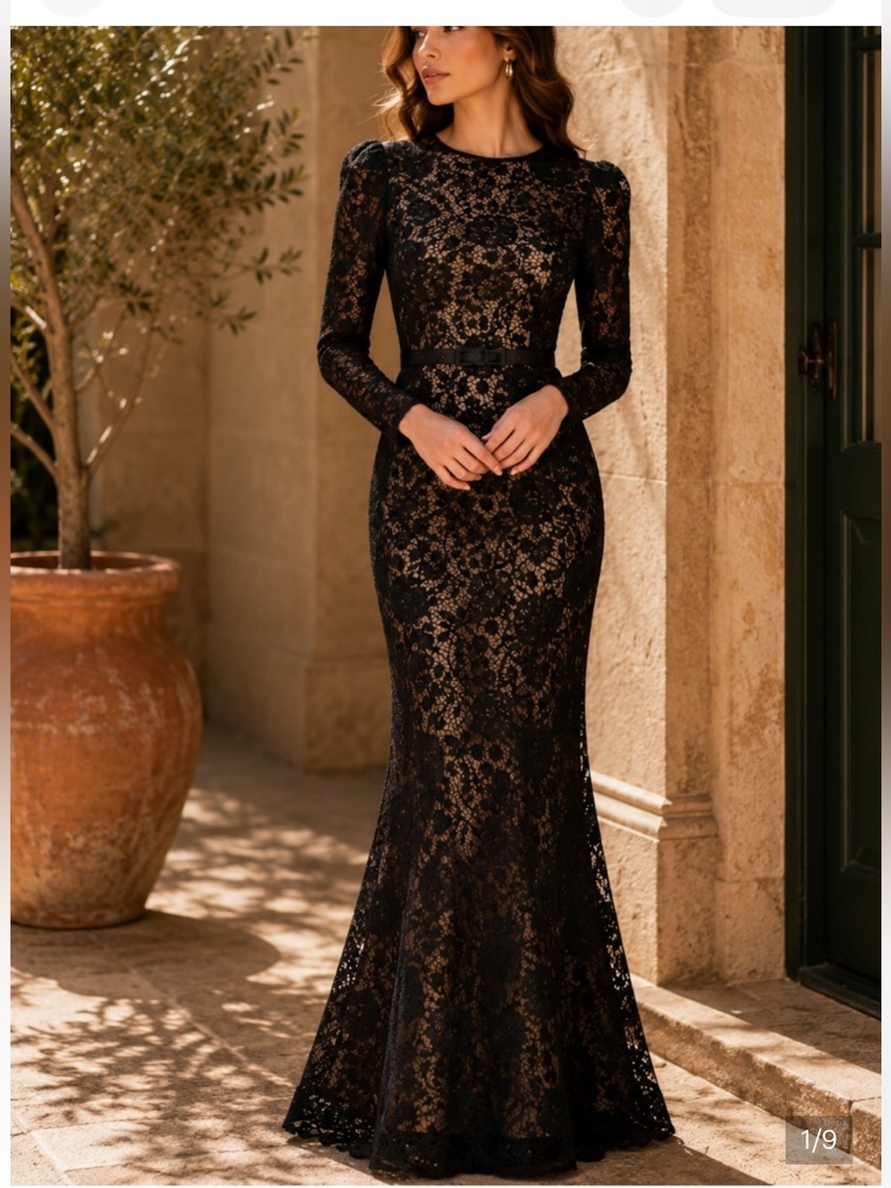 Dress the Population Tamra Floral Black Lace Long-Sleeve Mermaid Gown